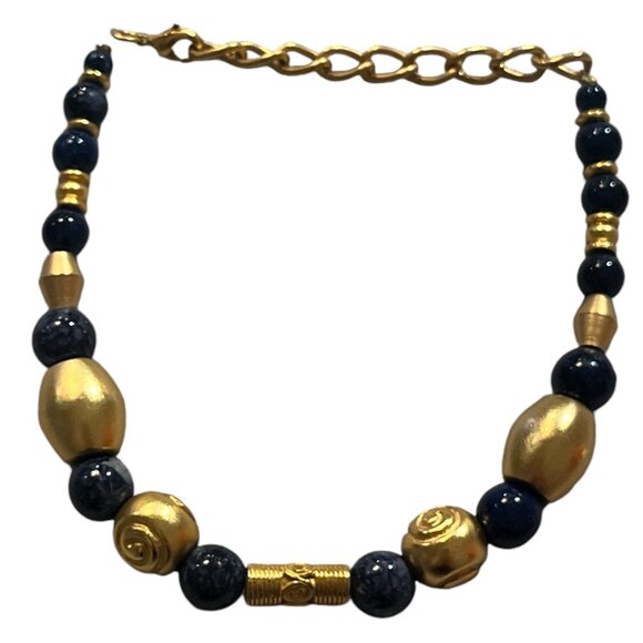 Bracelet Gold and Blue Beads 9" long Adjustable to 7" - Picture 1 of 6